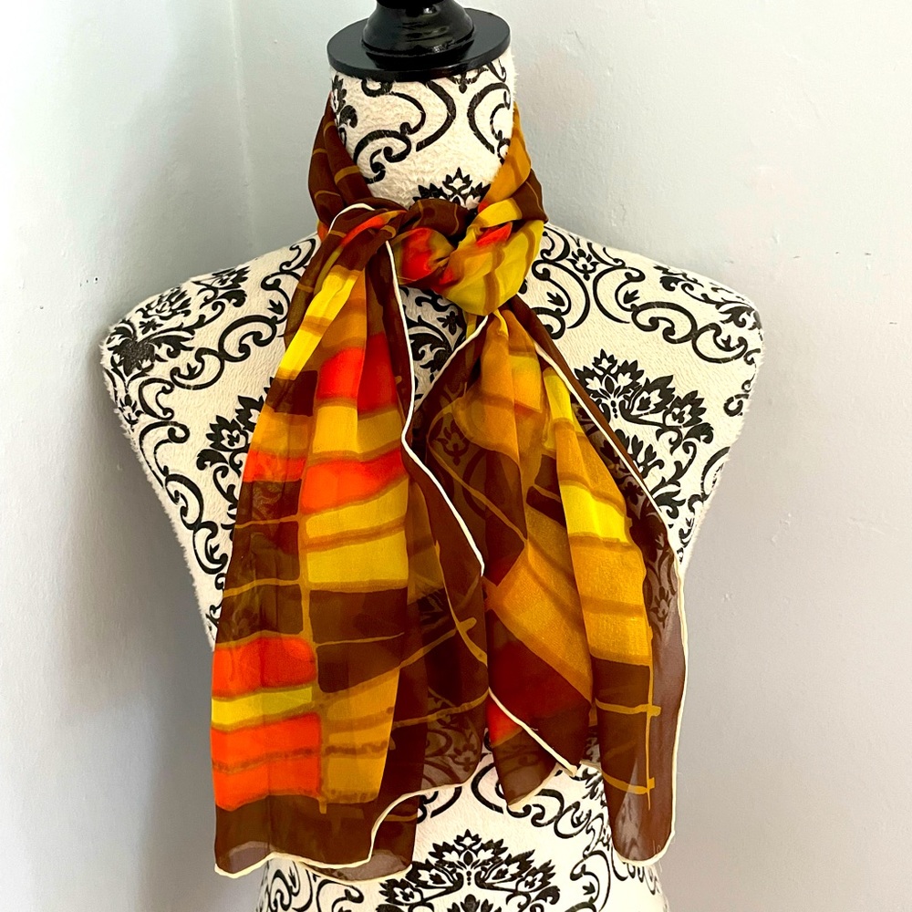 Vintage Brown Yellow Gold and Orange Geometric Vintage Scarf Hand Rolled